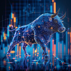 Poster - A bull is depicted in a futuristic setting with a lot of lines and dots