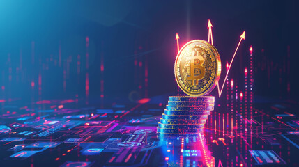Poster - A stack of gold coins and a bitcoin coin on a computer screen