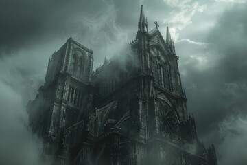 Poster - A gothic cathedral with a clock on the front. Suitable for historical or architectural projects