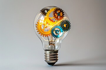 Poster - Bright idea concept with a light bulb and gears on a transparent white backdrop, symbolizing innovation and progress