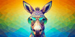 A vibrantly colored geometric pattern forms the background behind a stylized donkey wearing round glasses. The donkey is rendered in a similar geometric style, with a playful and modern look.AI genera