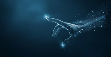 Poster - Abstract illustration of a hand touching futuristic digital technology. Blue and white background symbolizing innovation and artificial intelligence. Banner for futuristic concepts