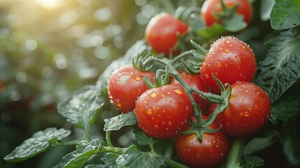 Wall Mural -   Tomatoes in close-up on vine, droplets of water on leaves