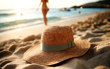 Straw hat in the beach sand, blurred woman looking at the sea and rests in the background in the sparkling summer sunshine.