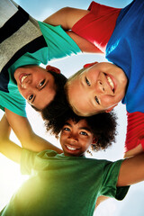 Happy, low angle and portrait of boys in summer for friendship, playing and fun together. Diversity, youth and children huddle in circle for childhood, game and hug for school, camp and playground