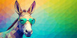 A donkey with an animated appearance is portrayed with a colorful geometric patterned background. It sports a trendy pair of yellow-rimmed glasses, adding a whimsical touch to its demeanor.AI generate
