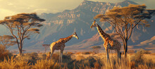 A Beautiful African Savannah Scene With Two Giraffes Standing Side By Side, Surrounded By Acacia Trees And Mountains In The Background Under Soft Evening Light.