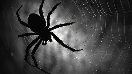 Silhouette of spider on web at dusk