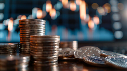 Wall Mural - Close-up of a stack of silver coins with trading charts in the background. Growth, investment and business concept.