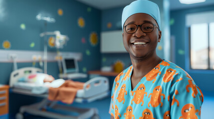 Wall Mural - Portrait of a young pediatrician dressed in a friendly multi-colored uniform standing in the ward of a children's hospital. Happy children's therapists on examination indoors.