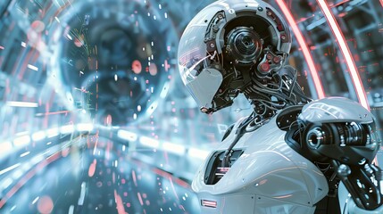 Wall Mural - digital artwork portraying a humanoid ai robot navigating a dynamic environment, demonstrating adapt