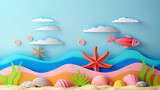 Fototapeta Kuchnia - Paper cut seascape with starfish, fish, seashells and sea weed.