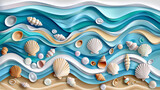Fototapeta Kuchnia - Paper cut collection of seashells on a wavy blue background.