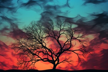 Lone tree's silhouette stands out against a dramatic red and blue sunset sky with swirling clouds