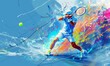 © SKIMP Art - abstract digital art of tennis player hitting the ball, on blue background, full body, colorful Generative AI