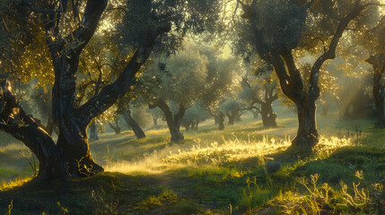 Wall Mural - An early morning view of a dew-covered olive grove, sunlight filtering through the trees, highlighting the vibrant green olives