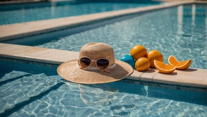 Wall Mural - Flip flops, sunglasses, big women's hat, flowers, cell phone, arranged near the pool with clear water
