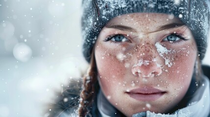 Wall Mural - The close up picture of the person looking at the camera with the white snow background in the middle of the snowy ice field, the skill require for ice field are fitness, ice safety knowledge. AIG43.