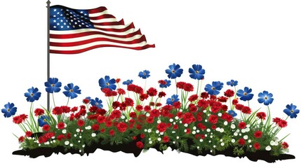 In memorial day, American flag on top and red white and blue flowers in front of the tombstone.