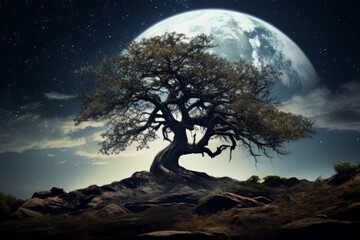 Wall Mural - Surreal landscape with an ancient tree silhouetted against a giant moon and starry night