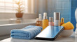 Cell phone with make up and skin care product in the bathroom, modern domestic lifestyle. Beauty products online shopping list through mobile app marketplace. 