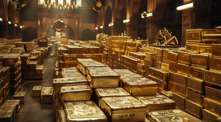 Poster - A room full of gold bar and cash stacked on top of each other. Generative AI.