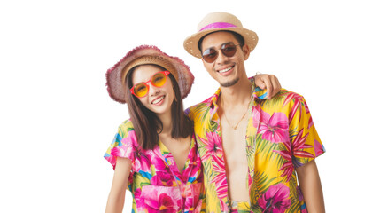 Attractive asian couple in summer vacation outfit isolated on white background , png transparent