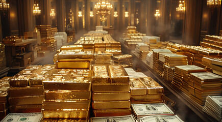 Poster - A room full of gold bar and cash stacked on top of each other. Generative AI.