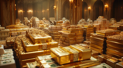 Poster - A room full of gold bar and cash stacked on top of each other. Generative AI.