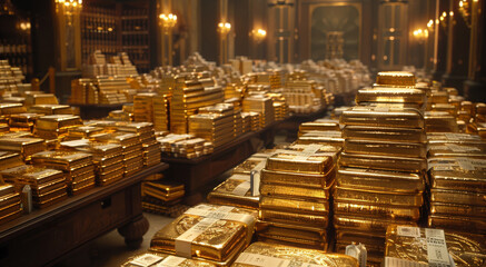 Poster - A room full of gold bar and cash stacked on top of each other. Generative AI.