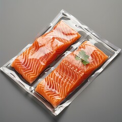 Poster - White valve port vacuum bag with salmon inside on grey background. top view. Generative AI.