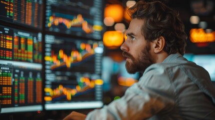 Poster - A man working at the stock market and looking at the share prices on a monitor and chasing money. Generative AI.