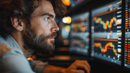 Poster - A man working at the stock market and looking at the share prices on a monitor and chasing money. Generative AI.