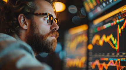Poster - A man working at the stock market and looking at the share prices on a monitor and chasing money. Generative AI.