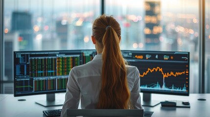 Poster - A woman sitting in a modern office. the high-tech screens around her still display complex graphs and data. Generative AI.