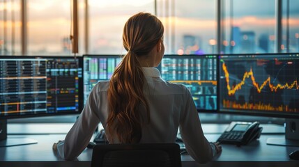 Poster - A woman sitting in a modern office. the high-tech screens around her still display complex graphs and data. Generative AI.