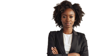 Young handsome black woman with crossed arms looking at the camera. Positive Successful businesswoman, isolated on white transparent background