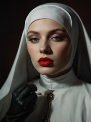Wall Mural - Unholy young nun sister with red lips and cigarette, sin in church, Generative AI