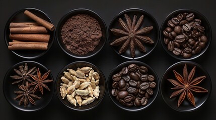 Wall Mural -   A cluster of bowls containing diverse blends of coffee beans and star anise, surrounded by cinnamon