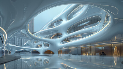 Poster - Modern building, museum of future, inside view. Generative AI.