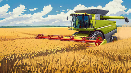 Combine harvesting wheat in a field, illustration in 8-bit style