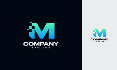 Poster - M Initial letter with Digital Pixels Technology Logo Vector design template