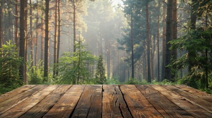 Wooden table top with copy space. Forest background hyper realistic 