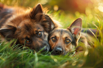 Wall Mural - Two dogs are laying on the grass, one of them is brown and the other is black