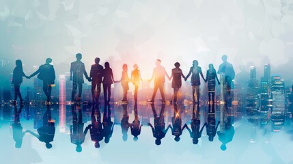 Double exposure panoramic teamwork business join hand together with silhouette business people and modern city background. Business team standing hands together, Volunteer charity work.