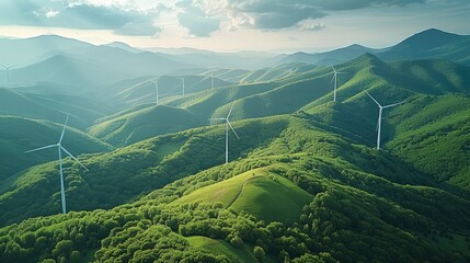 Poster - Mountains, green, forest, wind power, blue sky. Generative AI.