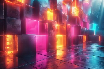 Poster - Vibrant and colorful cubes illuminated with neon lights, creating a futuristic and mesmerizing pattern in a dark, reflective environment