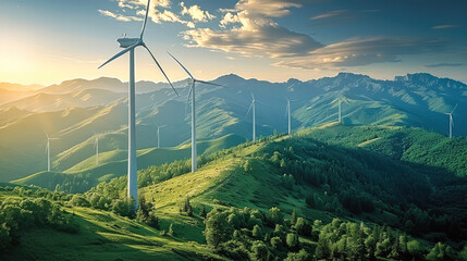 Poster - Mountains, green, forest, wind power, blue sky. Generative AI.