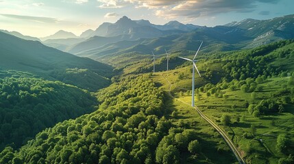 Poster - Mountains, green, forest, wind power, blue sky. Generative AI.