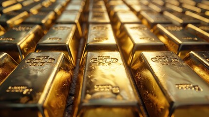 Poster - Many gold bars. top view. Generative AI.